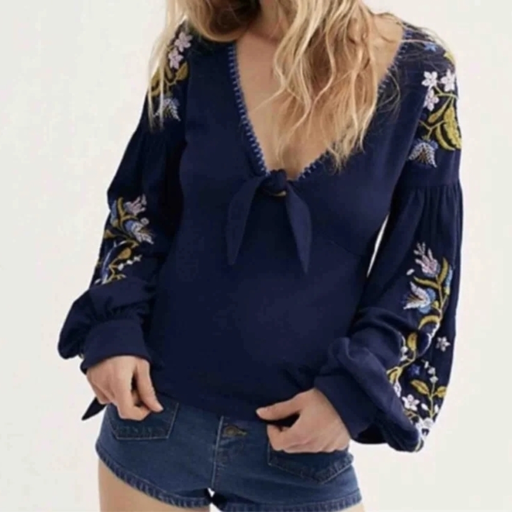 Free People Kara Navy Blue Embroidered Top Size S
